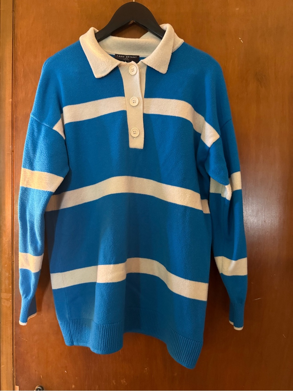 Lane Bryant Blue and Cream Striped Crewneck Polo Sweater